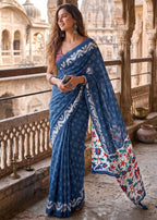 PURE SOFT COTTON FANCY BAGRU BLOCK PRINT NEVY BLUE SAREE WITH BLOUSE