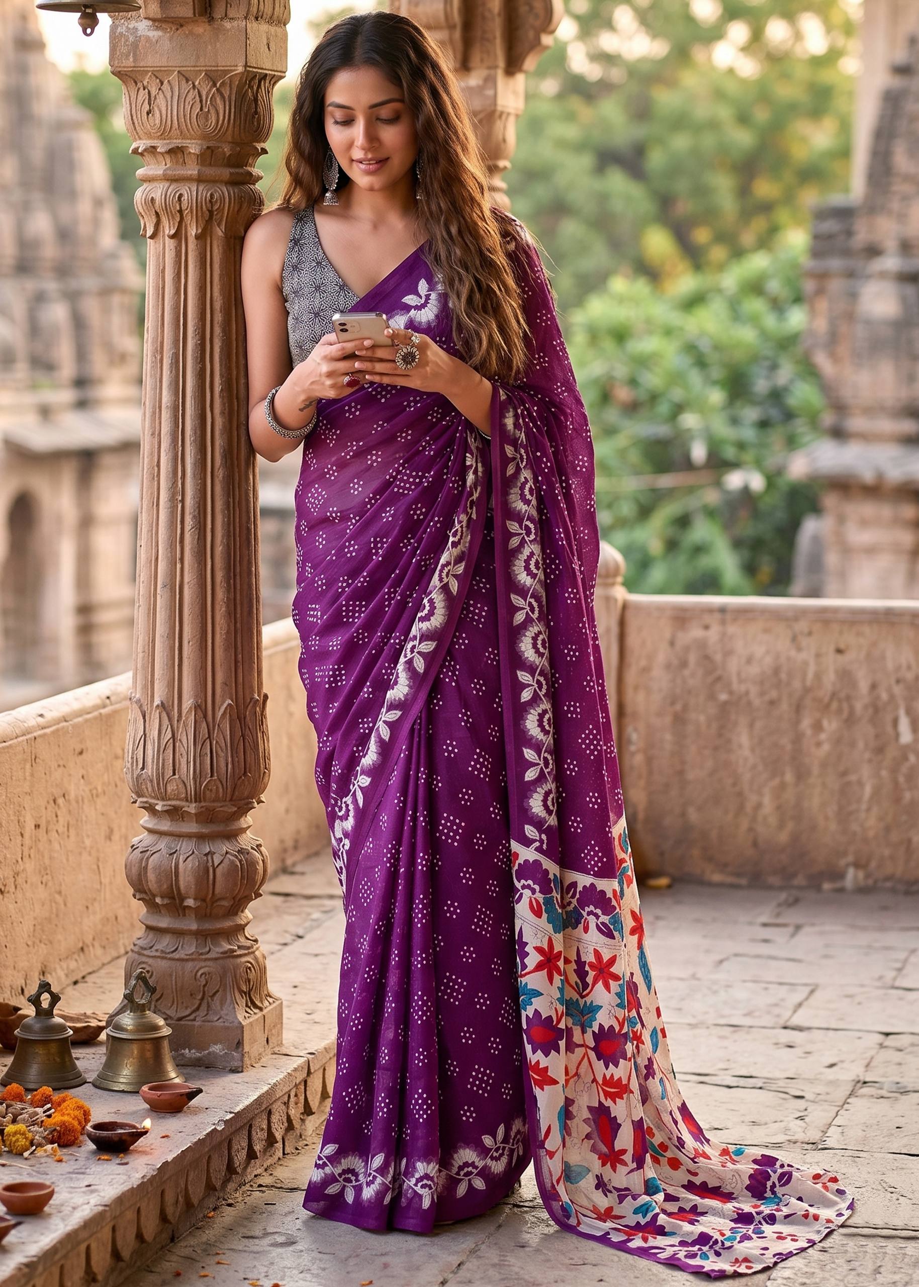 PURE SOFT COTTON FANCY BAGRU BLOCK PRINT PURPLE SAREE WITH BLOUSE