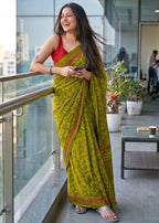 MULMUL PURE SOFT COTTON FANCY BAGRU BLOCK PRINT MEHANDI GREEN SAREE WITH BLOUSE