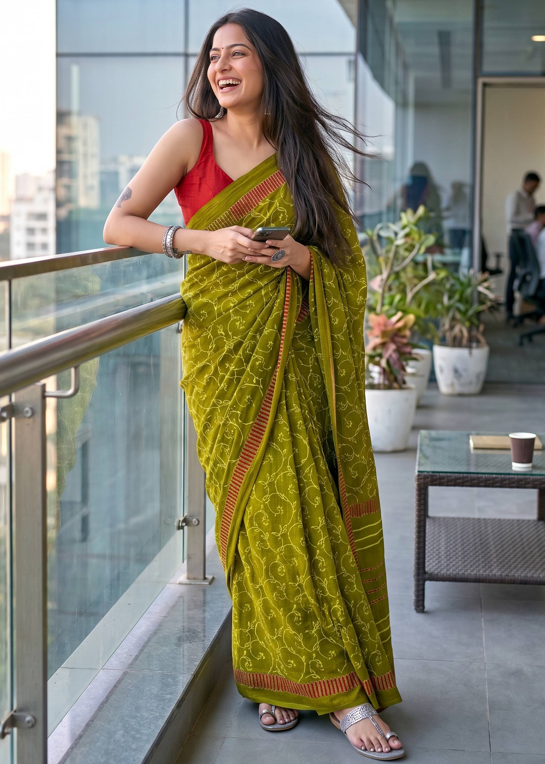 MULMUL PURE SOFT COTTON FANCY BAGRU BLOCK PRINT MEHANDI GREEN SAREE WITH BLOUSE