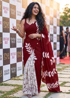 MULMUL PURE SOFT COTTON FANCY BAGRU BLOCK PRINT MAROON SAREE WITH BLOUSE