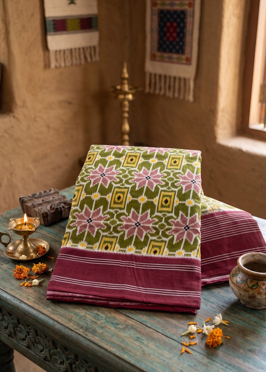 PREMIUM SOFT AND BREATHABLE IKKAT COTTON GREEN SAREE WITH BLOUSE