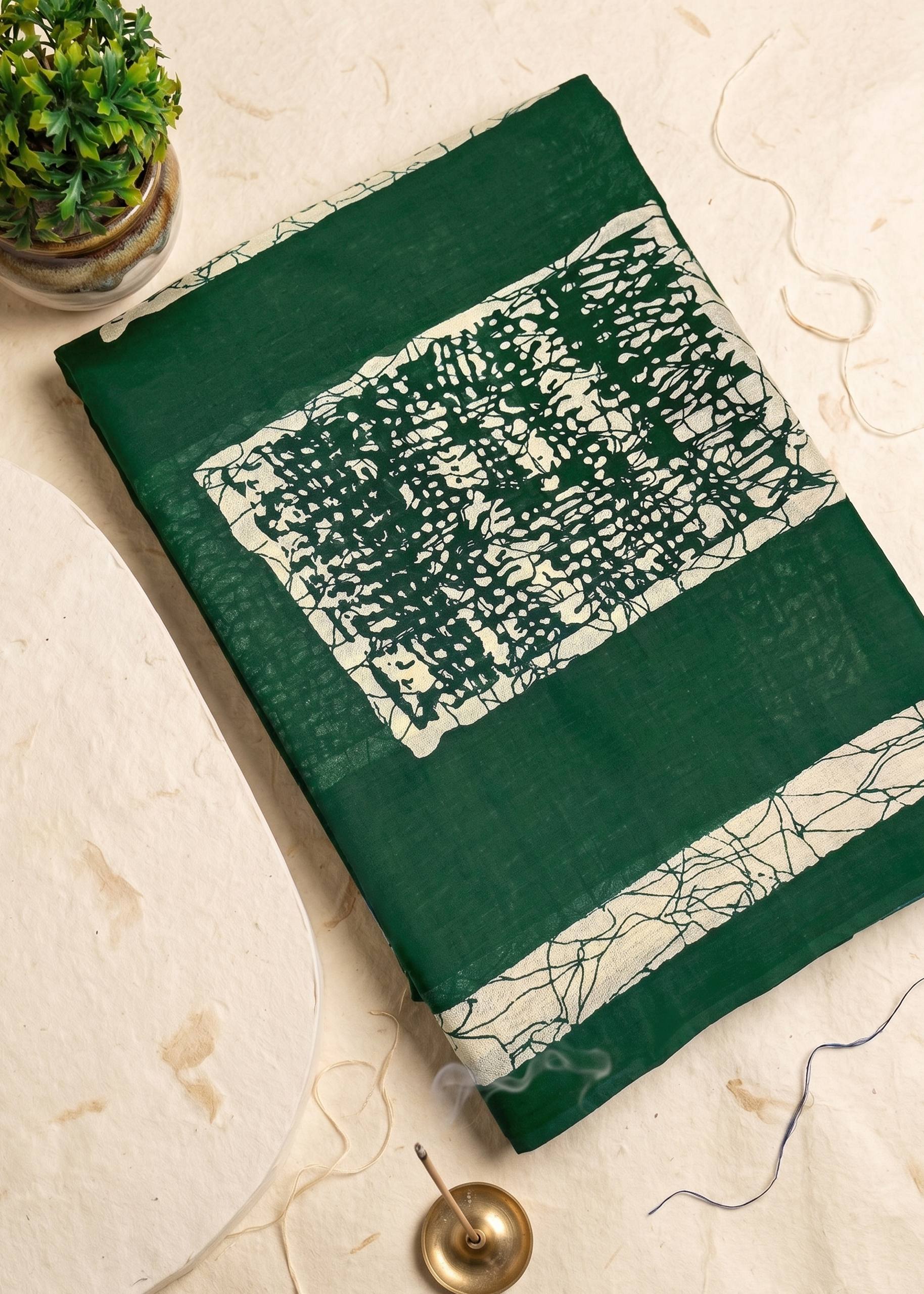 PREMIUM COTTON MULMUL BLEND GREEN SAREE WITH BLOUSE