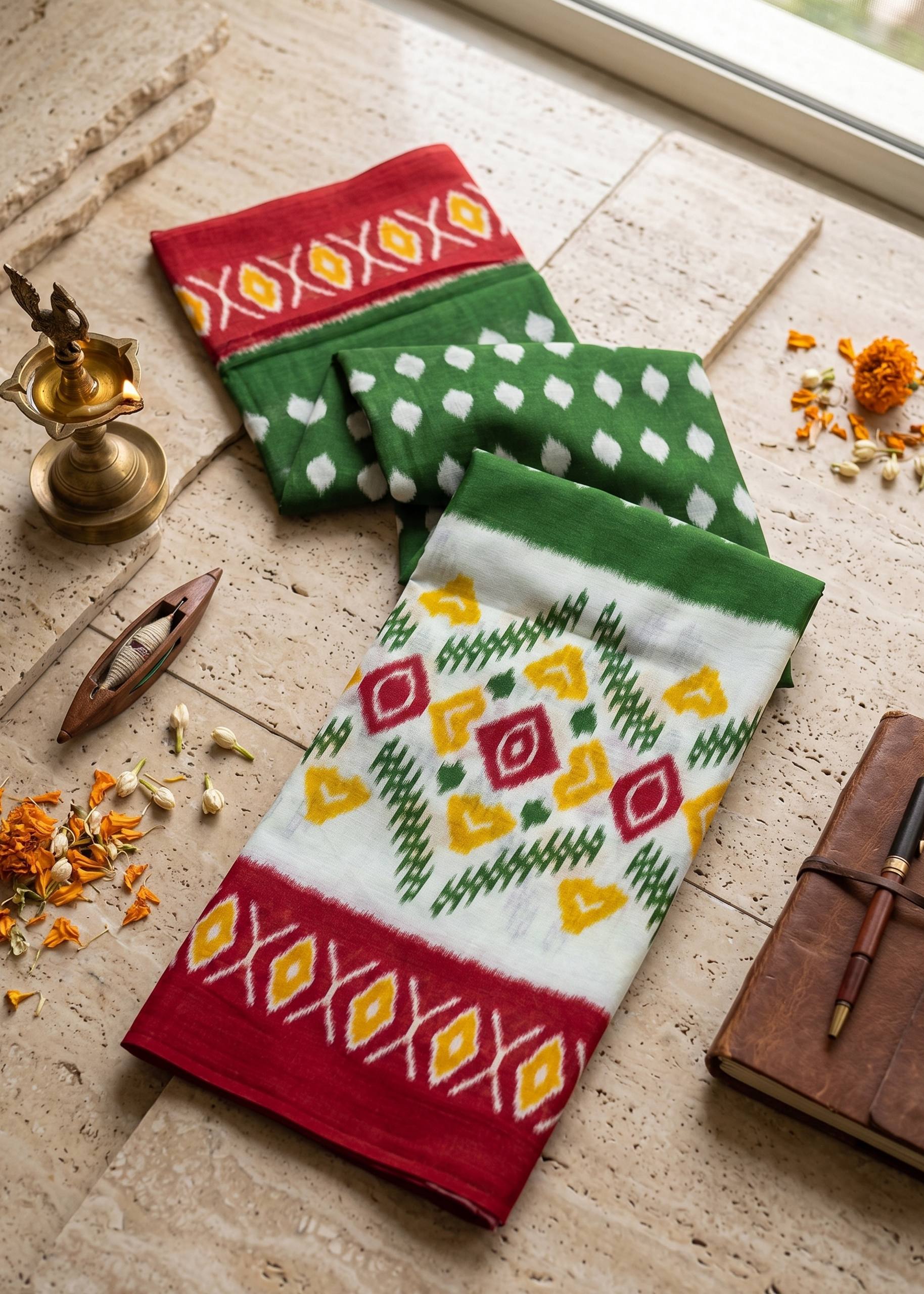 PREMIUM COTTON MULMUL BLEND GREEN SAREE WITH BLOUSE