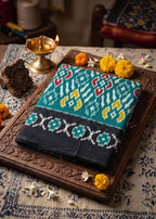 PREMIUM SOFT COTTON ROYAL TRADITIONAL IKAT PRINT BLUE SAREE WITH BLOUSE