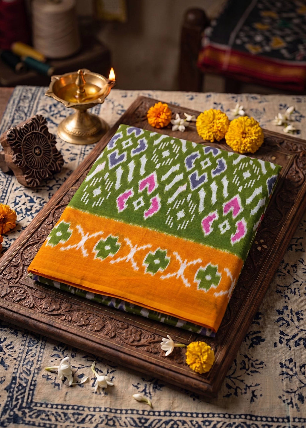 PREMIUM SOFT COTTON ROYAL TRADITIONAL IKAT PRINT GREEN SAREE WITH BLOUSE