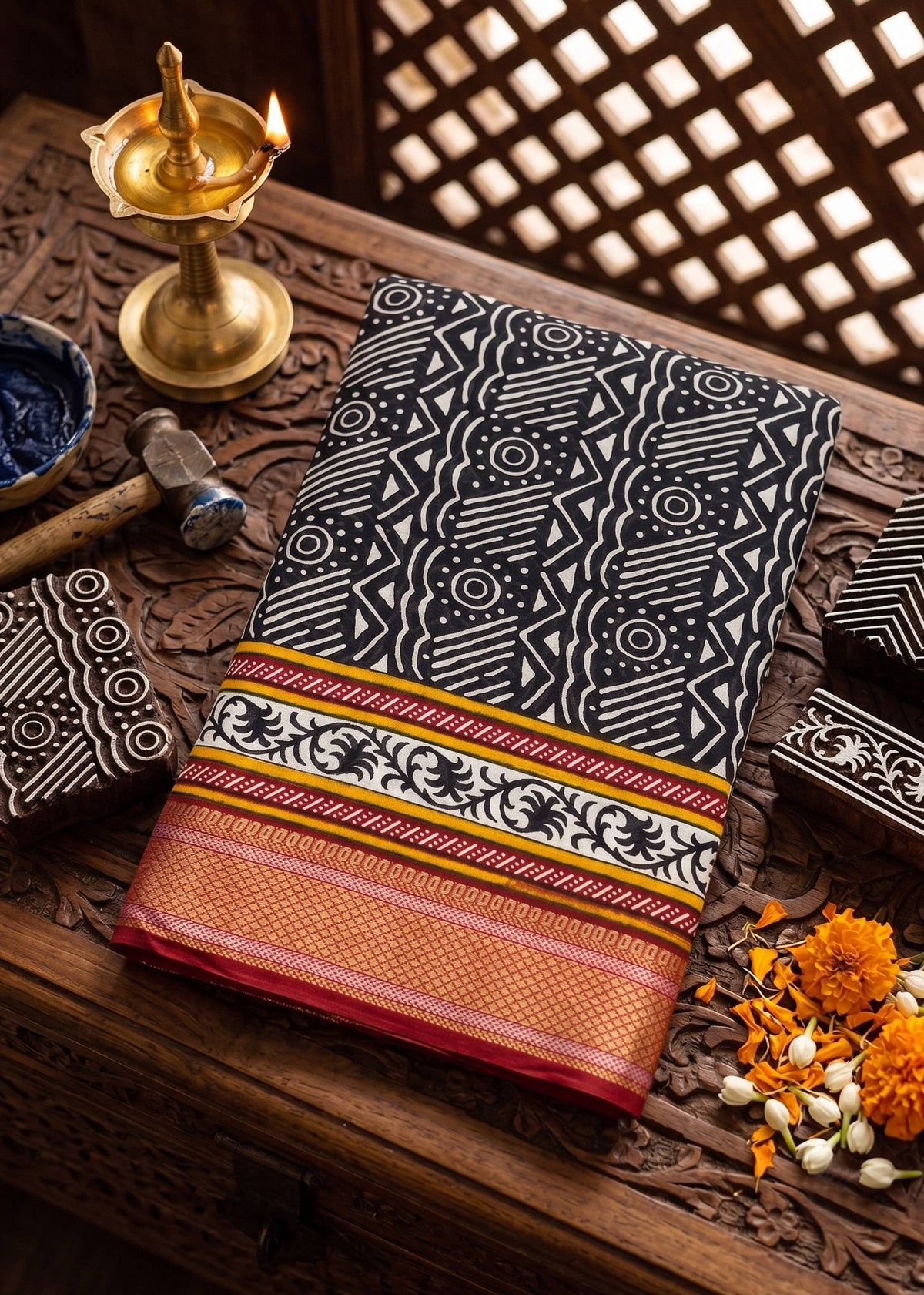 PRIMUM MULMUL COTTON WITH HEVY ZARI BORDAR BAGRU BANDHANI PRINTED BLACK SAREE WITH BLOUSE