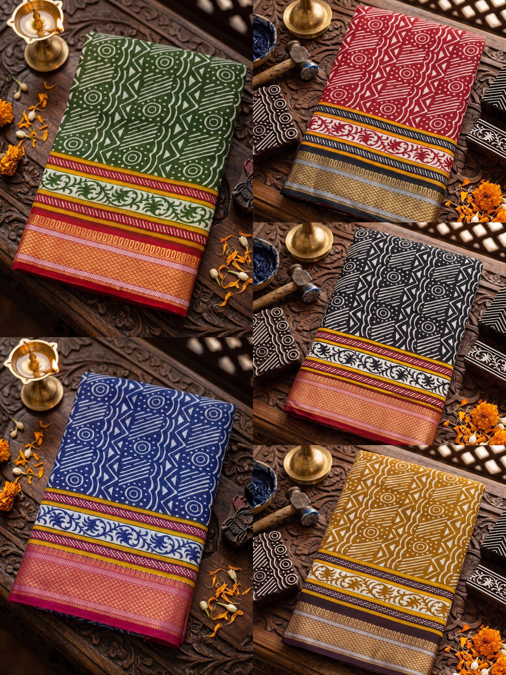 PRIMUM MULMUL COTTON WITH HEVY ZARI BORDAR BAGRU BANDHANI PRINTED MUSTARD SAREE WITH BLOUSE