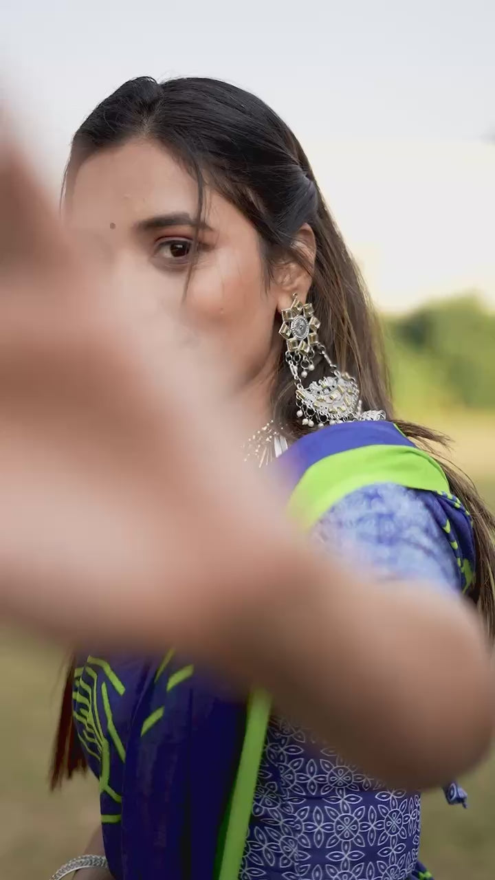 PURE MULMUL MORDAN HAND BLOCK PRINT BLUE SAREE WITH BLOUSE