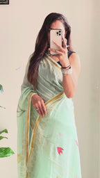 SELFI7 SOFT MASLIN COTTON WITH HEVY ZARI BODAR PISTA GREEN SAREE