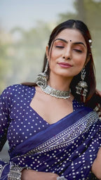 PURE MULMUL COTTON HAND BANDHANI WITH AJRAKH BLOCK PRINT NEVY BLUE SAREE WITH BLOUSE