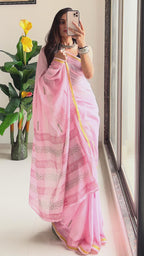 SELFI6 SOFT MASLIN COTTON WITH HEVY ZARI BODAR BABY PINK SAREE