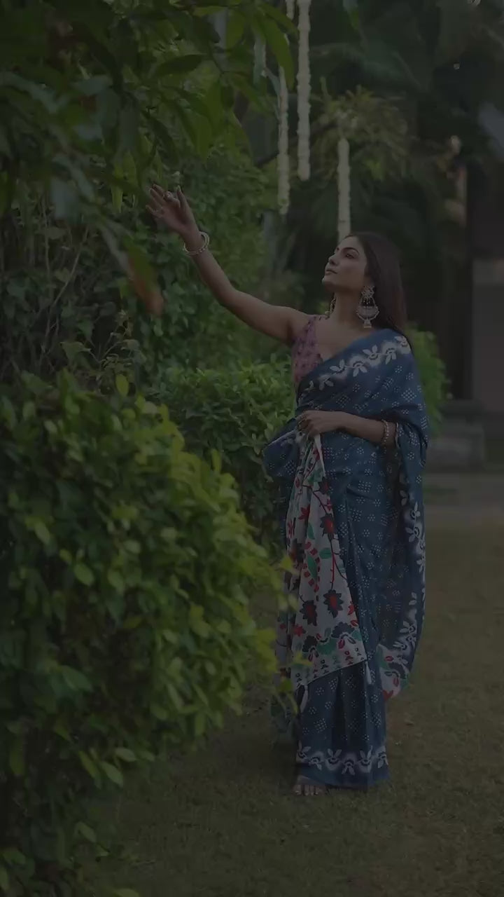 PURE SOFT COTTON FANCY BAGRU BLOCK PRINT NEVY BLUE SAREE WITH BLOUSE
