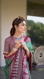 PURE MULMUL COTTON BANDHANI PRINT GREEN SAREE WIYH BLOUSE