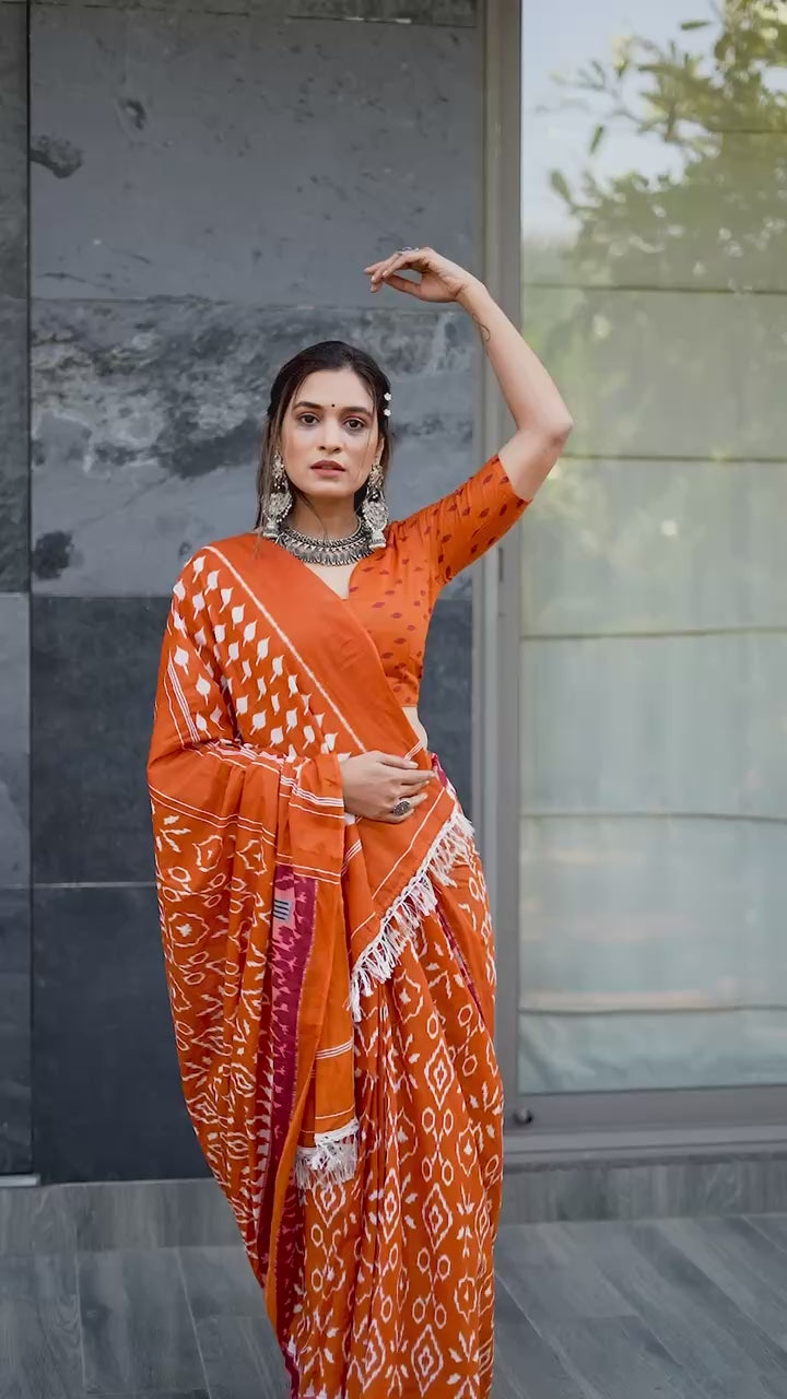 PURE MULMUL COTTON IKKAT HAND BLOCK PRINT ORANGE SAREE WITH BLOUSE