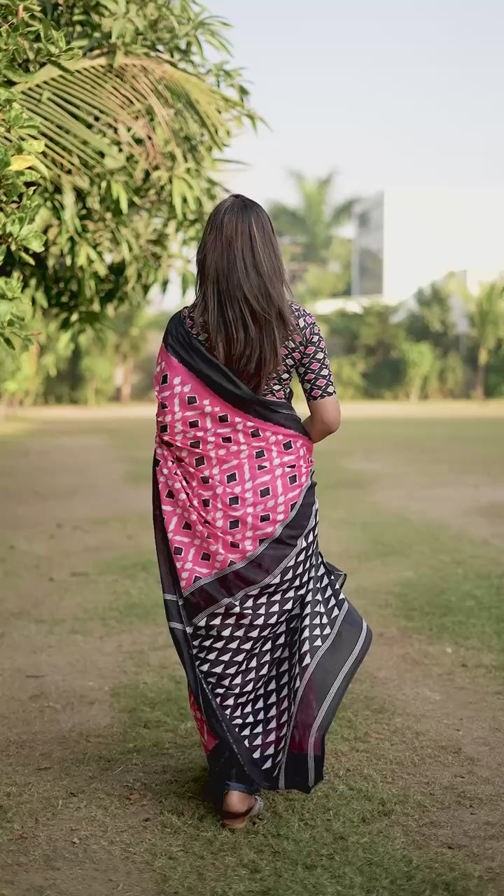 PURE MULMUL COTTON IKKAT PRINT PINK SAREE WITH BLOUSE