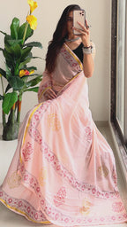 SELFI9 SOFT MASLIN COTTON WITH HEVY ZARI BODAR PINK PEACH SAREE