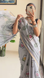 SELFI3 PRIMUM ORIGINAL LINEN WITH ZARI BODAR GREY SAREE