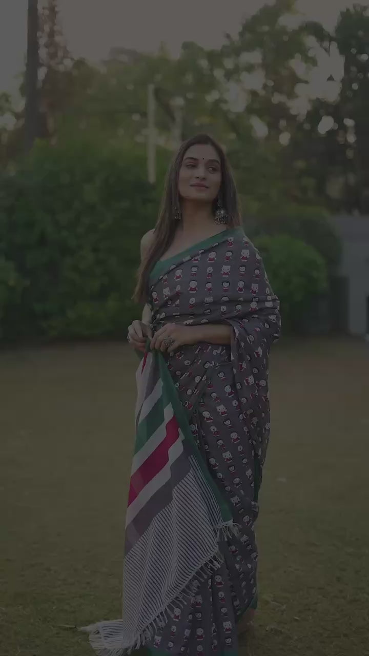 MULMUL SOFT COTTON CARTOON BAGRU BLOCK PRINT GREY SAREE WITH BLOUSE