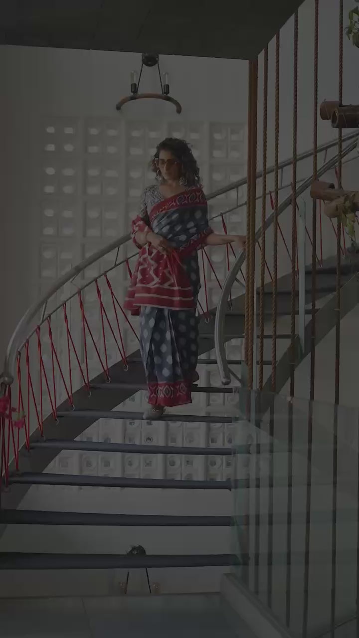 PURE SOFT COTTON IKKAT PRINT GREY SAREE WITH BLOUSE