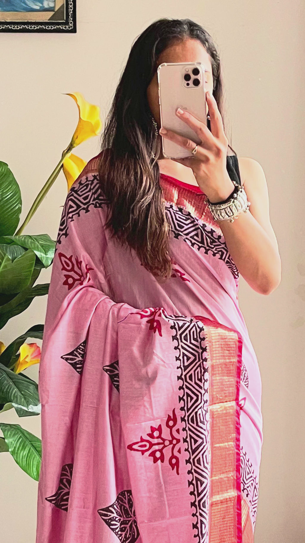 SUTRA3 NATURAL CELLULOSE NYLON AND VISCOSE HAND BLOCK SUTRA SILK BABY PINK SAREE
