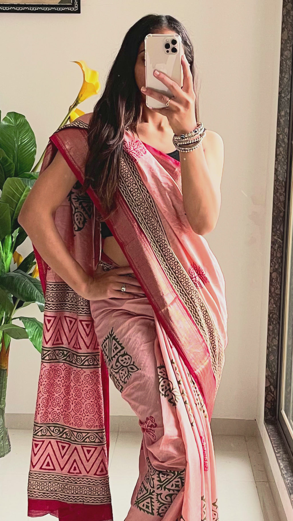 SUTRA1 NATURAL CELLULOSE NYLON AND VISCOSE HAND BLOCK SUTRA SILK DUSTY PINK SAREE