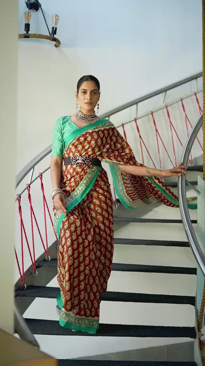MULMUL COTTON JAIPURI PRINT COTTON BLUE SAREE WITH BLOUSE