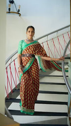 MULMUL COTTON JAIPURI PRINT COTTON BLUE SAREE WITH BLOUSE