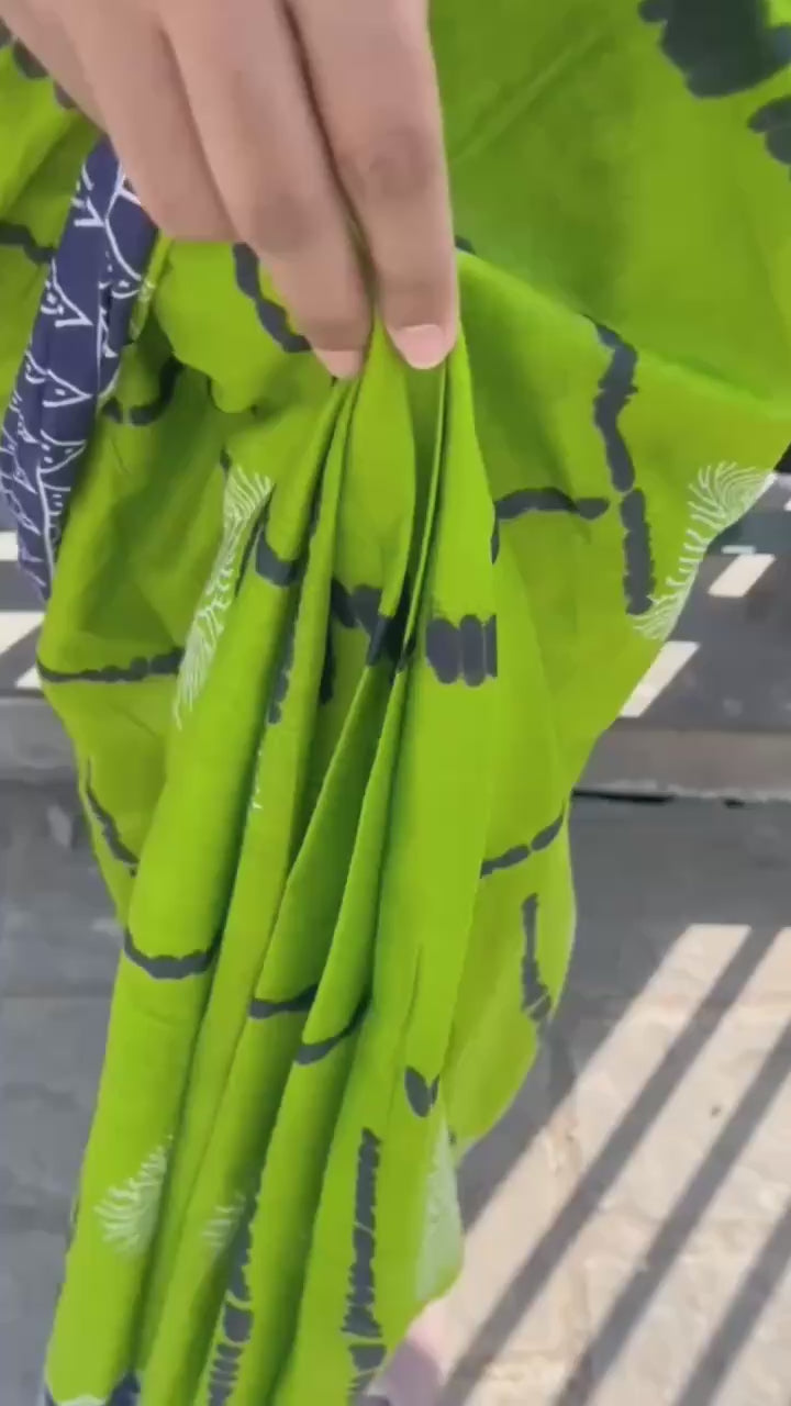 PURE SOFT COTTON BAGRU PRINTE GREEN SAREE WITH BLOUSE