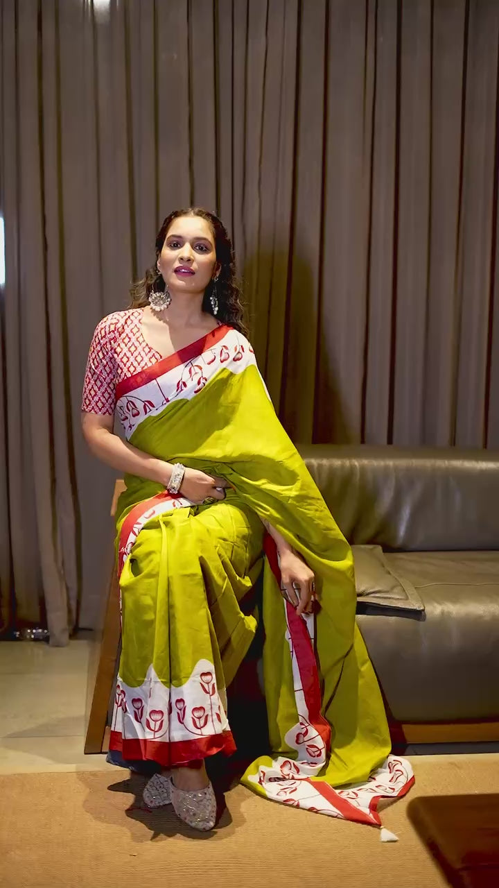 PURE SOFT COTTON HAND BLOCK PRINT MEHANDI GREEN SAREE WITH BLOUSE