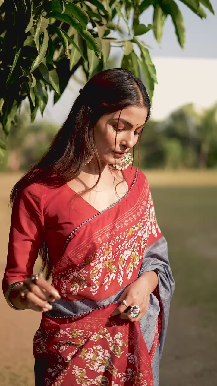 PURE SOFT COTTON BATIK PRINT GREY SAREE WITH BLOUSE