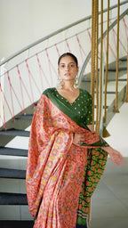 PURE SOFT COTTON IKKAT PRINT PEACH SAREE WITH BLOUSE