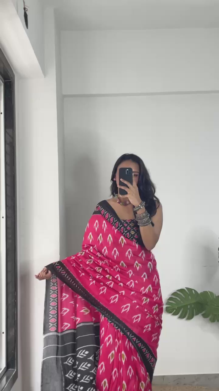 PURE MULMUL COTTON IKKAT PRINT BLACK SAREE WITH BLOUSE