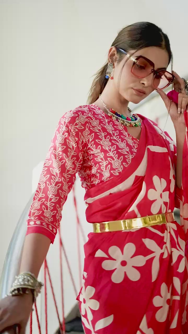 PURE MULMUL COTTON FLORAL BLOCK PRINTE SAREE WITH BLOUSE