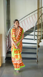 PURE SOFT MULMUL COTTON HAND BLOCK IKKAT PRINT ORANGE SAREE WITH BLOUSE