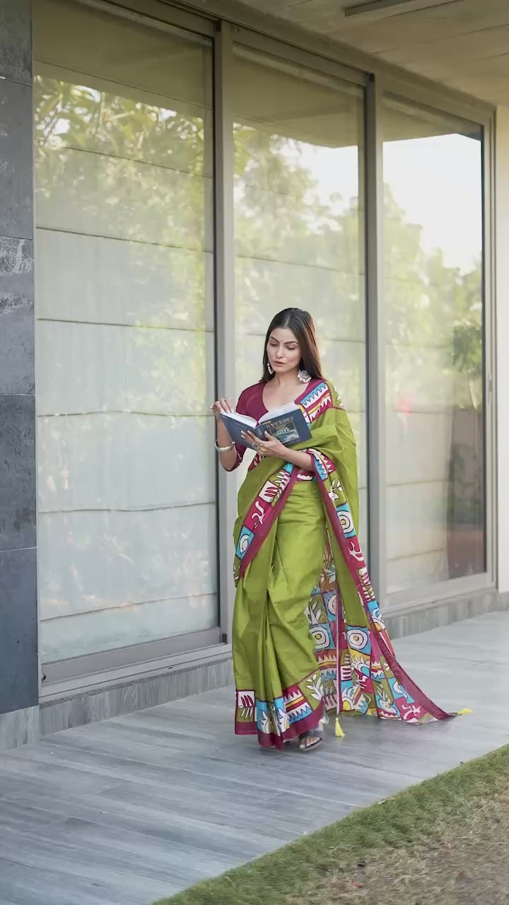 PURE SOFT COTTON JAIPUR BLOCK PRINT MEHANDI GREEN SAREE WITH BLOUSE