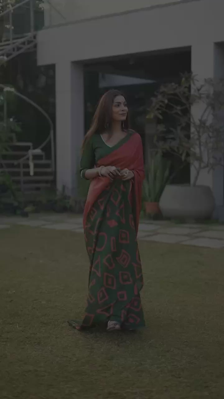 PURE SOFT COTTON FANCY BAGRU BLOCK PRINT ORANGE SAREE WITH BLOUSE