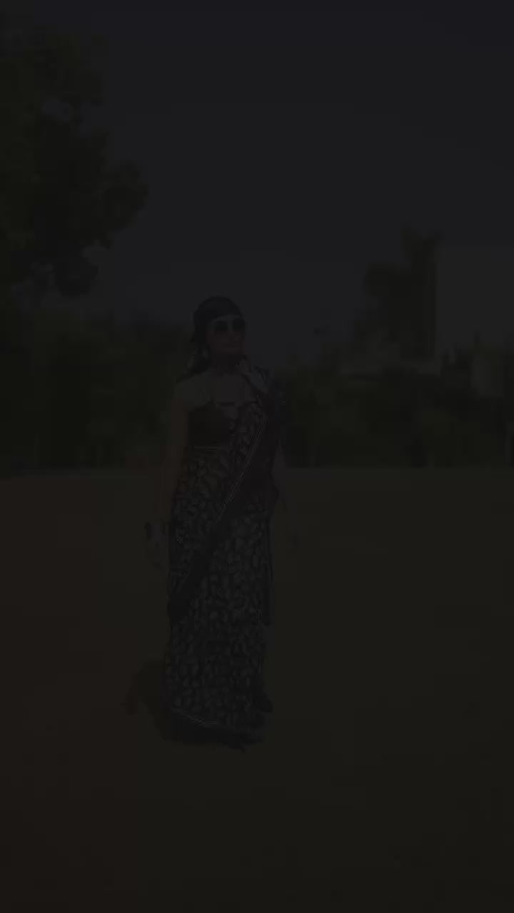 PURE MULMUL COTTON HAND PRINT BLACK SAREE WITH BLOUSE