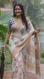 PURE SOFT MULMUL COTTON SANGANERI  HAND BLOCK PRINT PEACH SAREE WITH BLOUSE