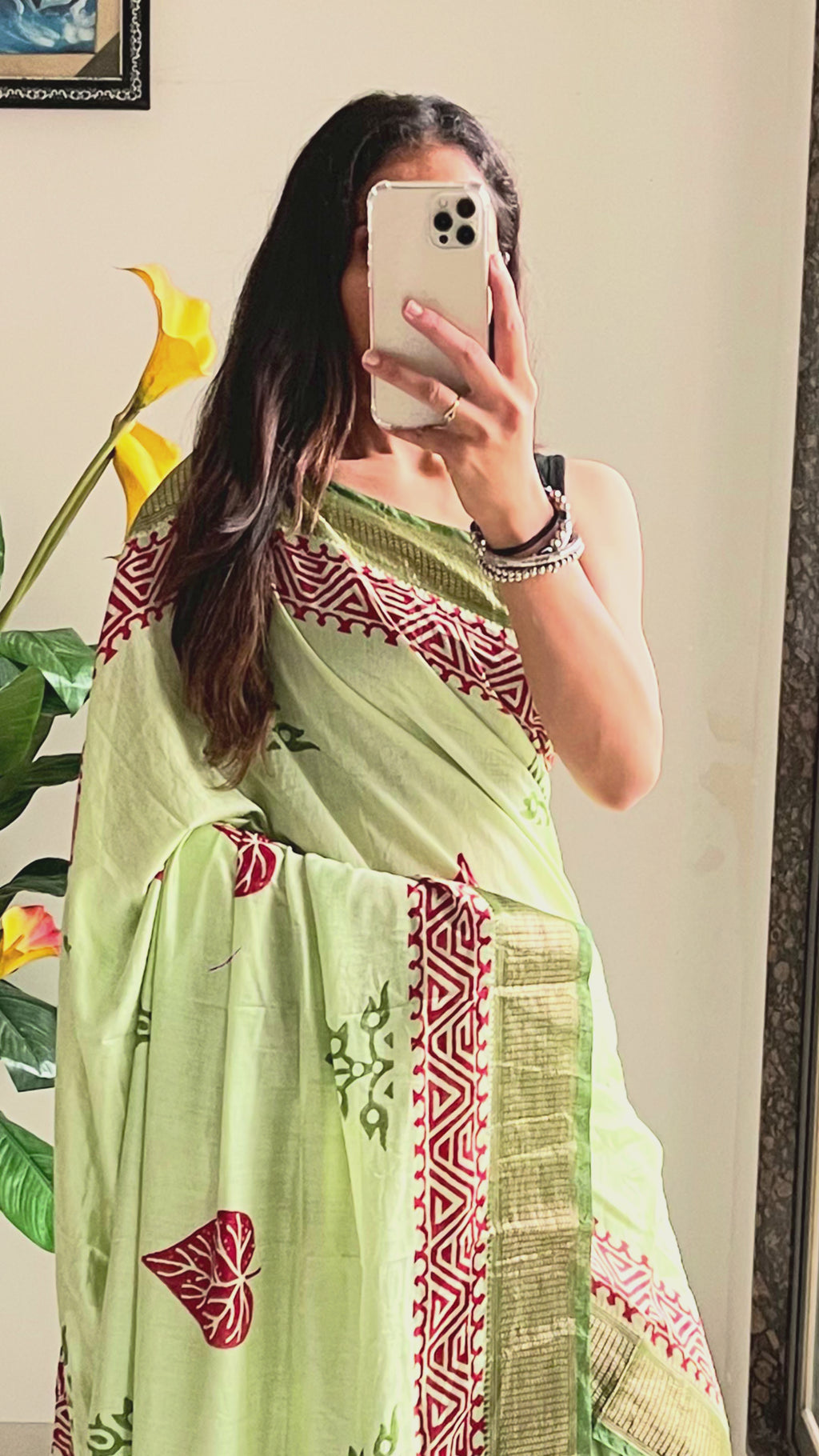 SUTRA3 NATURAL CELLULOSE NYLON AND VISCOSE HAND BLOCK SUTRA SILK PISTA GREEN SAREE