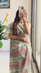 SELFI5 PRIMUM ORIGINAL LINEN WITH MANESHWARI BODAR LIGHT GREEN SAREE