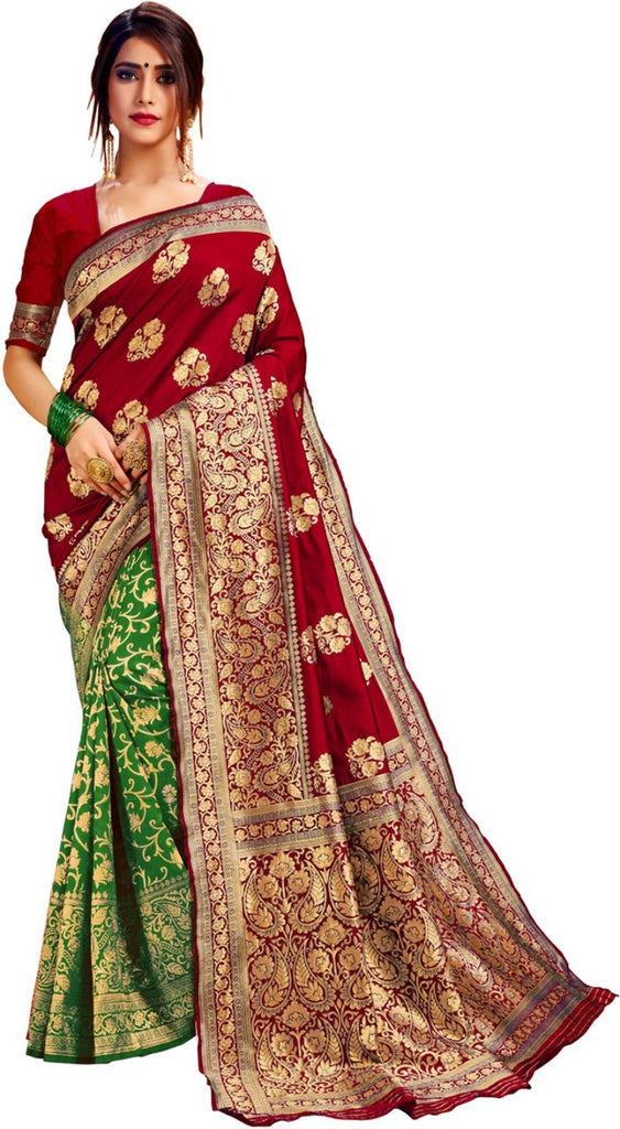 Litchi Banarasi silk with Antique Jari Half Half saree