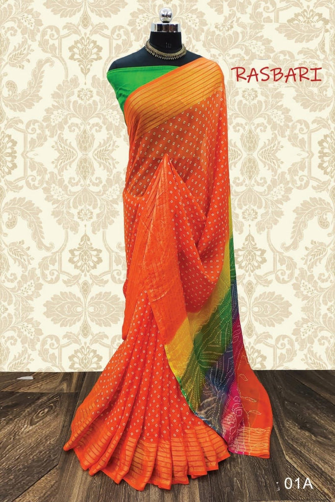 Chiffon Bandhani with Grand Braso Border Multi colour bandhani Pallu