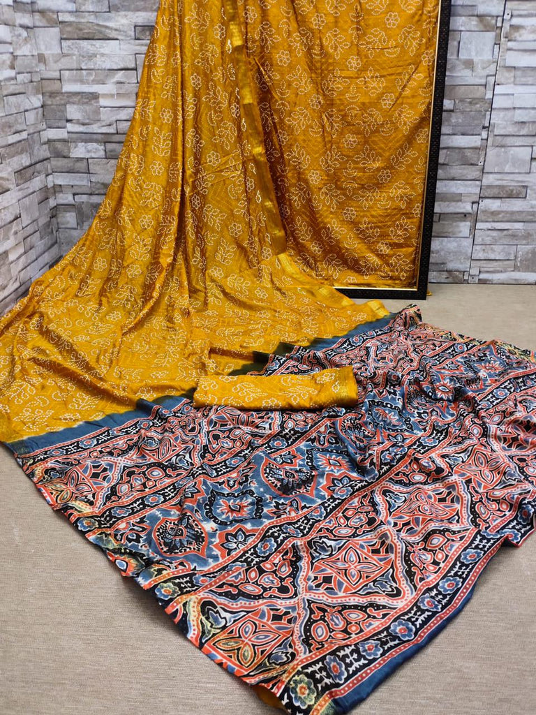 Ajarakh Tafetta Silk Bandhani Saree