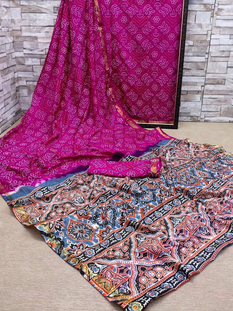 Ajarakh Tafetta Silk Bandhani Saree