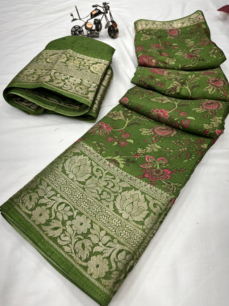 Dola Silk Flower Print with Border saree